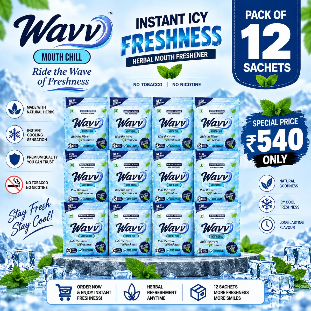 WAVV Mint Mouth Freshener – Pack of 12 Sachets